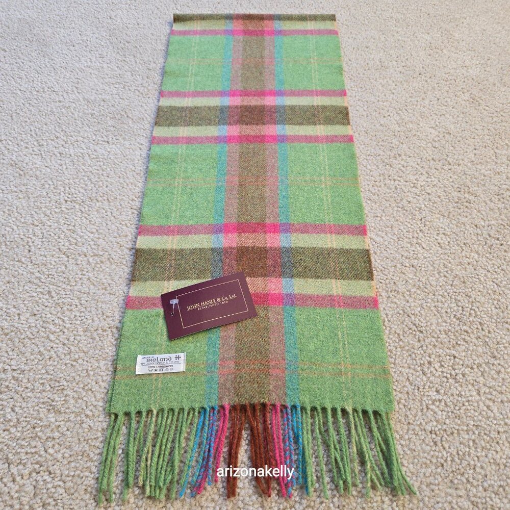 NWT John Hanly Ireland Lambswool Scarf Green & Pink Plaid - Picture 6 of 9